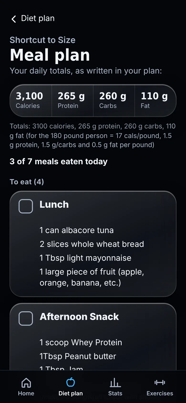 Repora diet plan screen with daily totals and meals to tick off