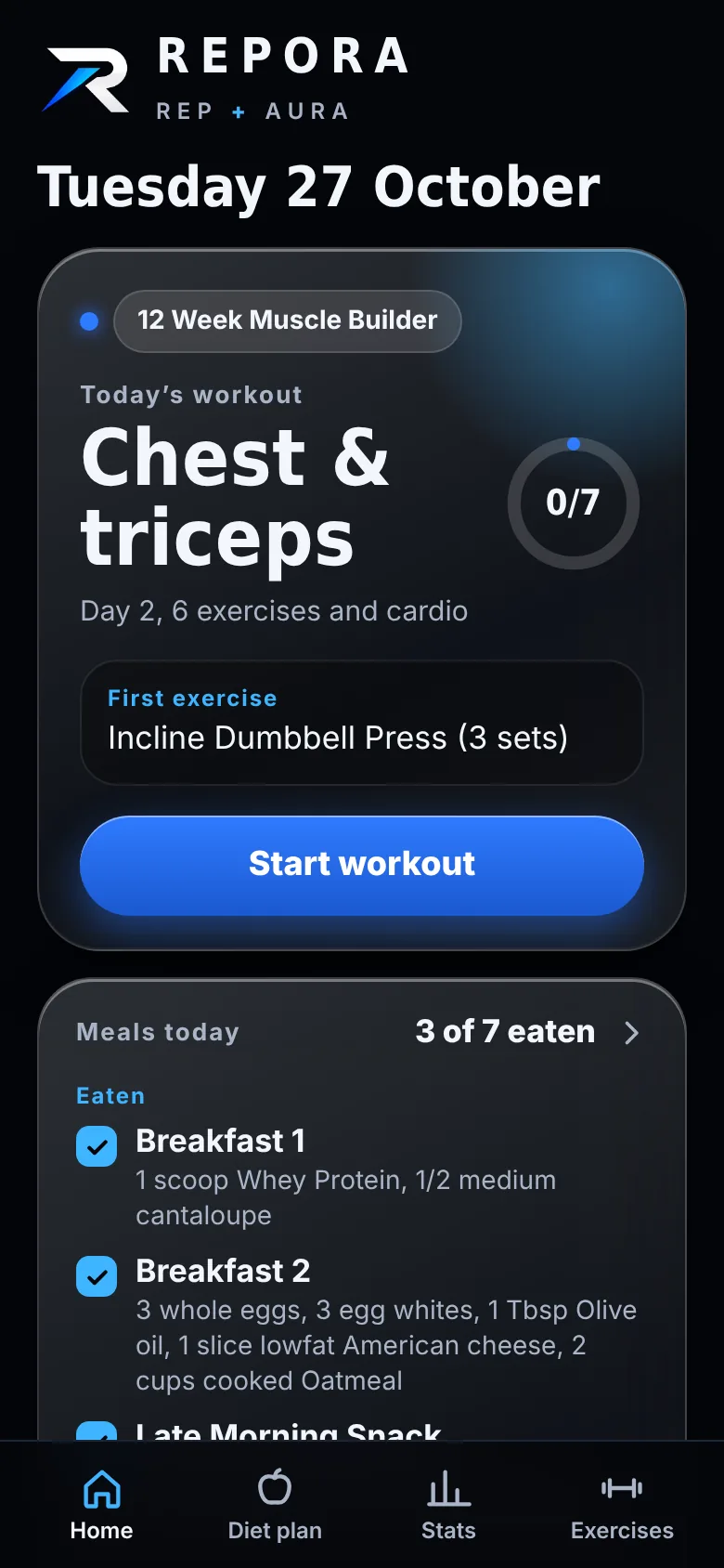 Repora home screen showing today's chest and triceps workout and meals eaten so far