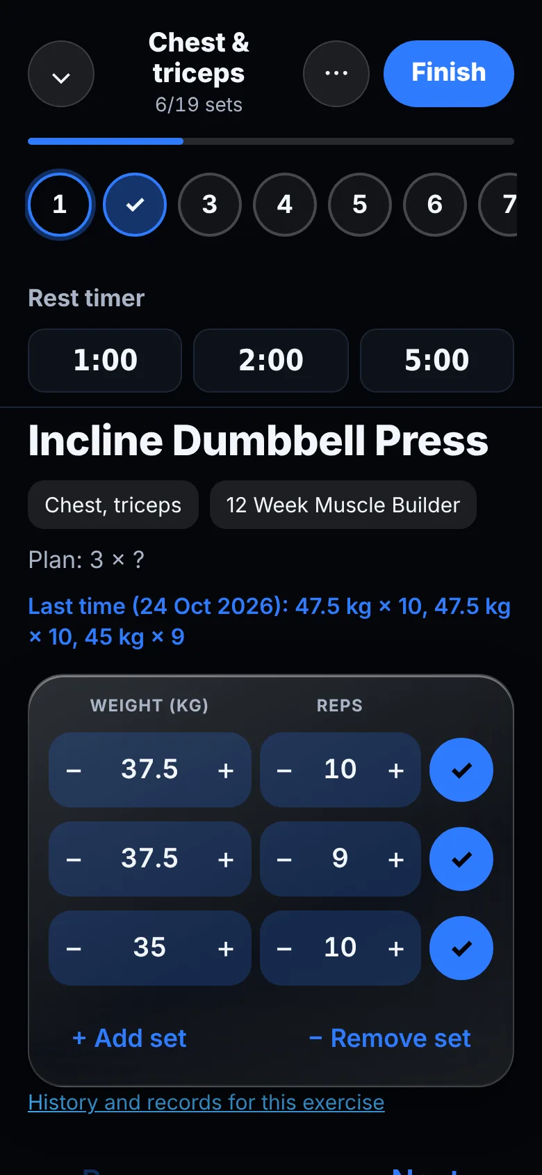 Repora workout screen with weight and reps steppers and logged sets